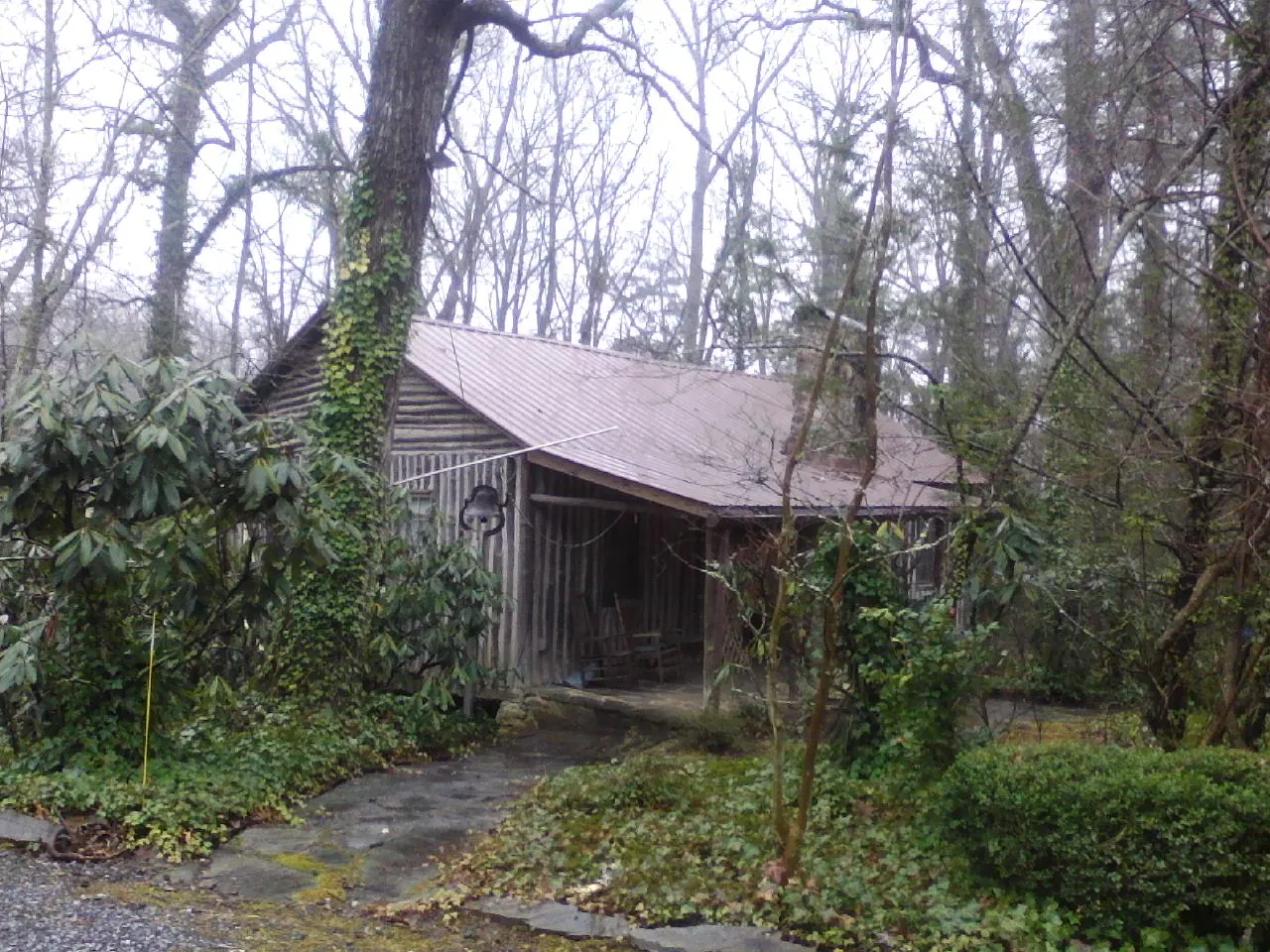 Weathered metal roof on an old board sided cabin in the woods in Newport Coast